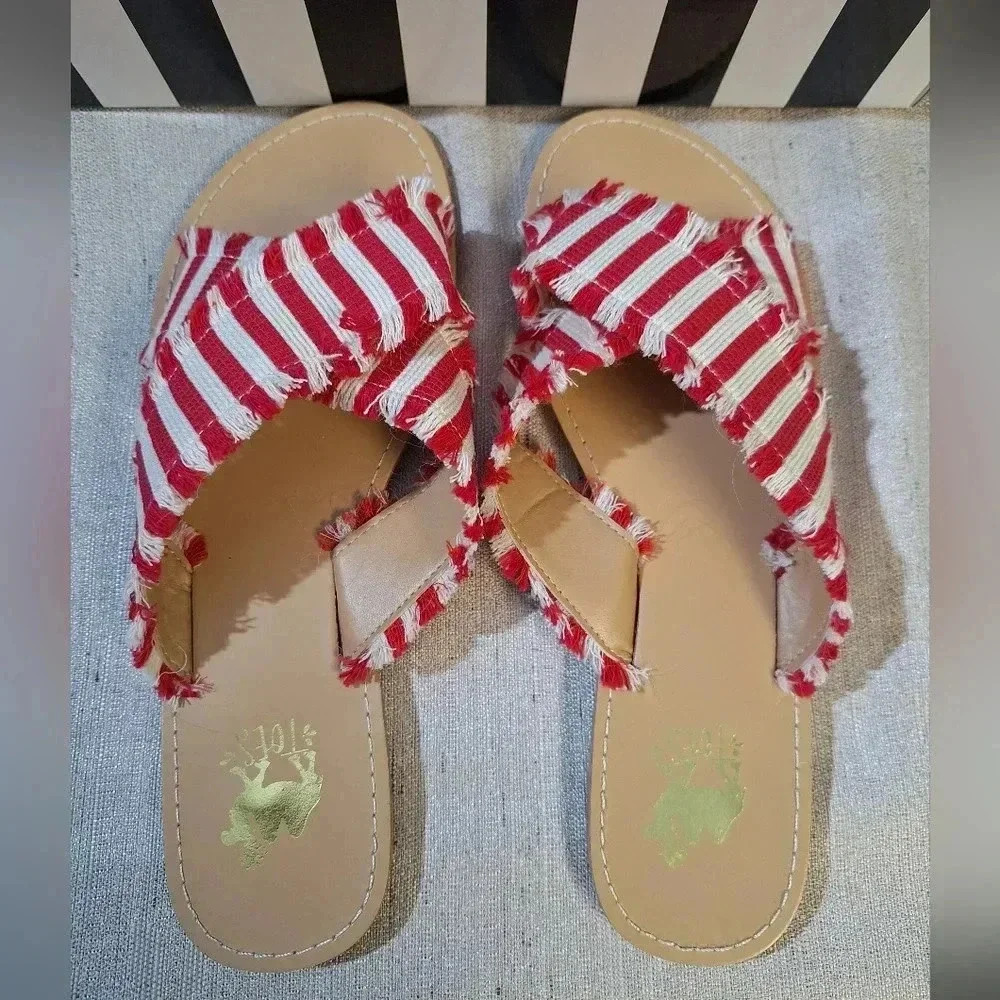 CamelThreads Womens Slide Flat Sandals Open Toe Cross Over Striped Fringe Summer